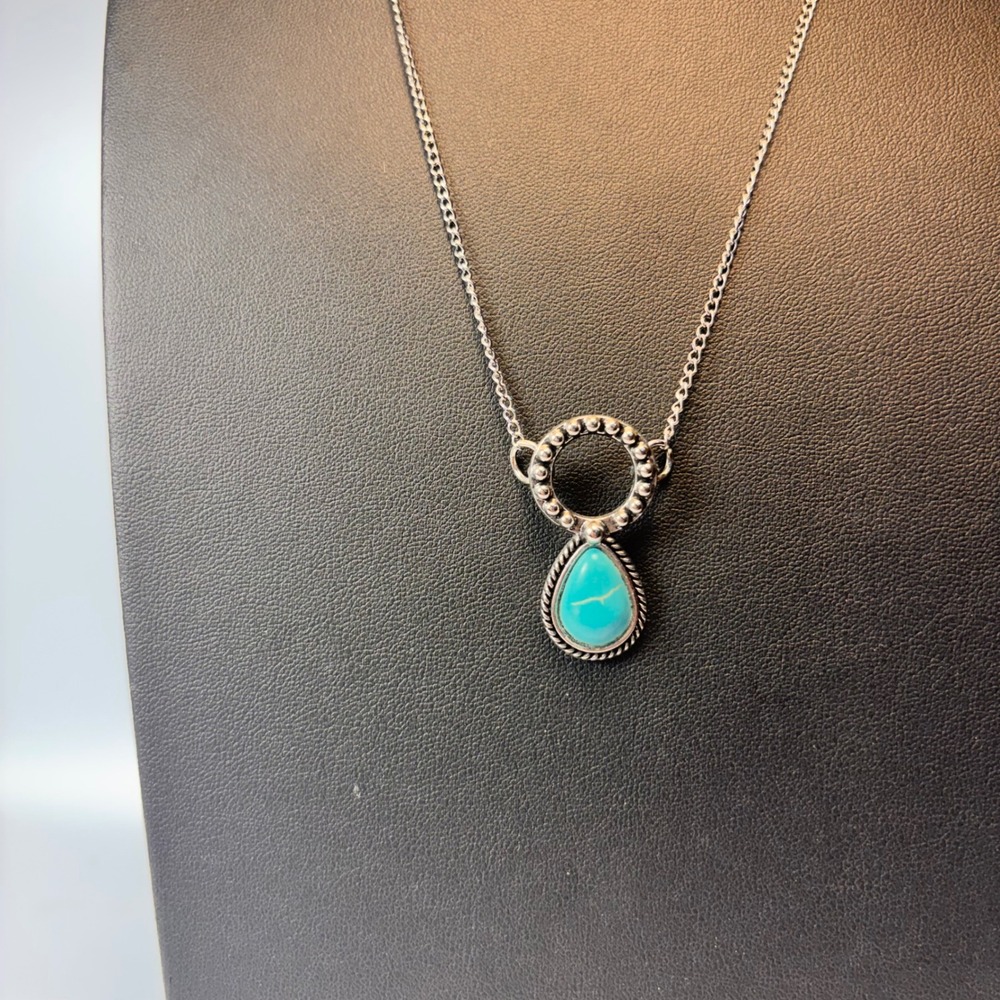 Teardrop Faux Turquoise Necklace Silver Tone Boho Statement Minimalist Goth